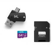 Cartão De Memória Micro SD 64Gb UHS-I Multilaser MC152 + Adaptador para USB, Micro USB e Cartão SD