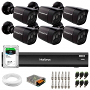 Kit 6 Câmeras Tudo Forte Bullet Black Full HD 1080p, Lente 2.8mm, Visão Noturna 20M + DVR Intelbras iMHDX 3008 8 Canais + HD 3TB SkyHawk