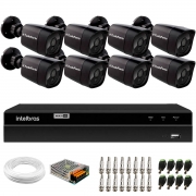 Kit 8 Câmeras Tudo Forte Bullet Black Full HD 1080p, Lente 2.8mm, Visão Noturna 20M, IP66 + DVR Intelbras MHDX 1208 8 Canais Multi HD