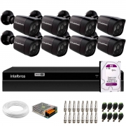 Kit 8 Câmeras Tudo Forte Bullet Black Full HD 1080p, Lente 2.8mm, Visão Noturna 20M, IP66 + DVR Intelbras MHDX 1208 8 Canais Multi HD + HD 1TB Purple