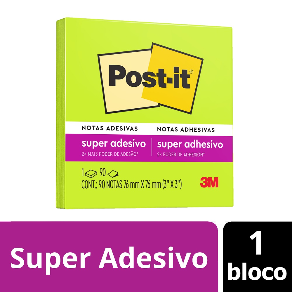 Bloco de Notas Super Adesivas Post-it® Verde Neon 76 mm x 76 mm - 90 folhas 26209