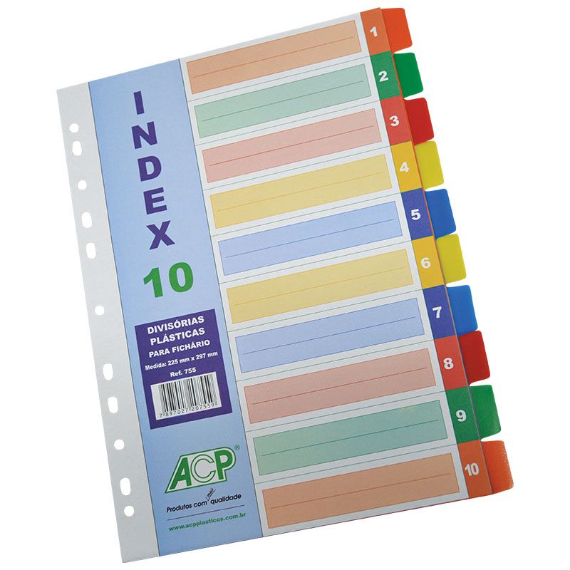 Divisória para Fichário A4 PP Index com 10 Divisórias Color 755 ACP 02030
