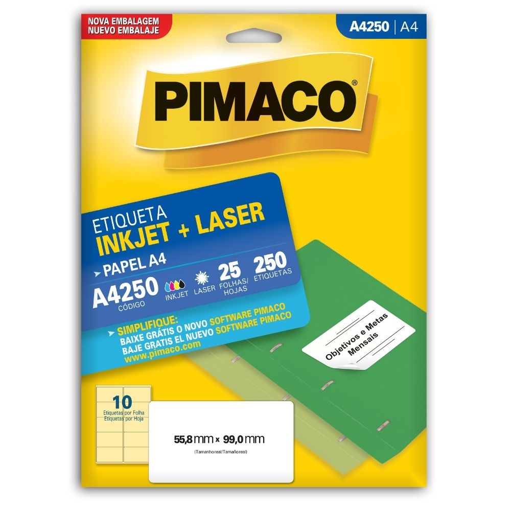 Etiqueta Pimaco Laser 55,8X99mm Com 250 Unidades A4250 02172