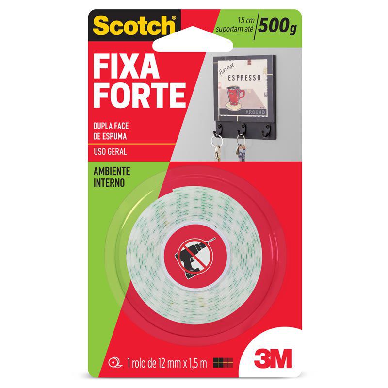 Fita Dupla Face 3M Scotch® Fixa Forte Espuma - Uso Interno - 12 mm x 1,5 m 10149