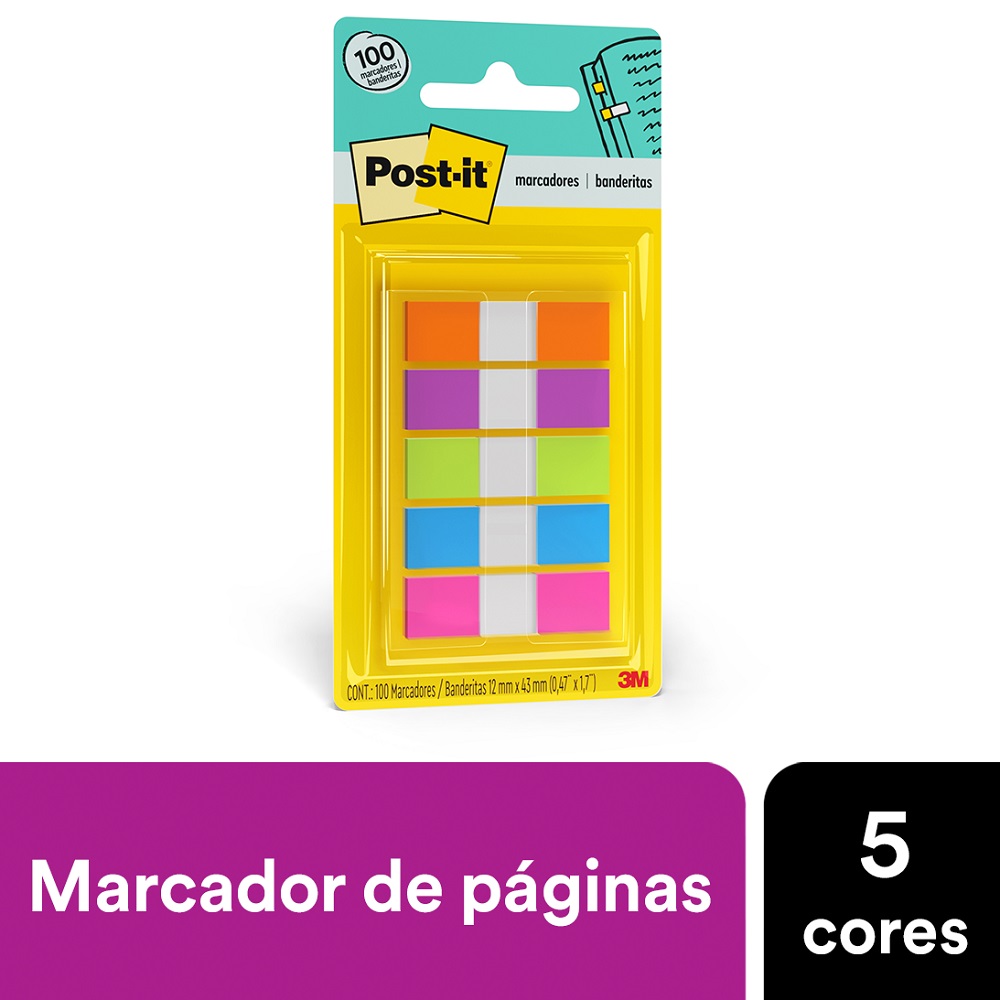 Marcador de Página Adesivo Post-it® Flags 5 Cores Neon 11,9 mm x 43,2 mm - 100 folhas 24021