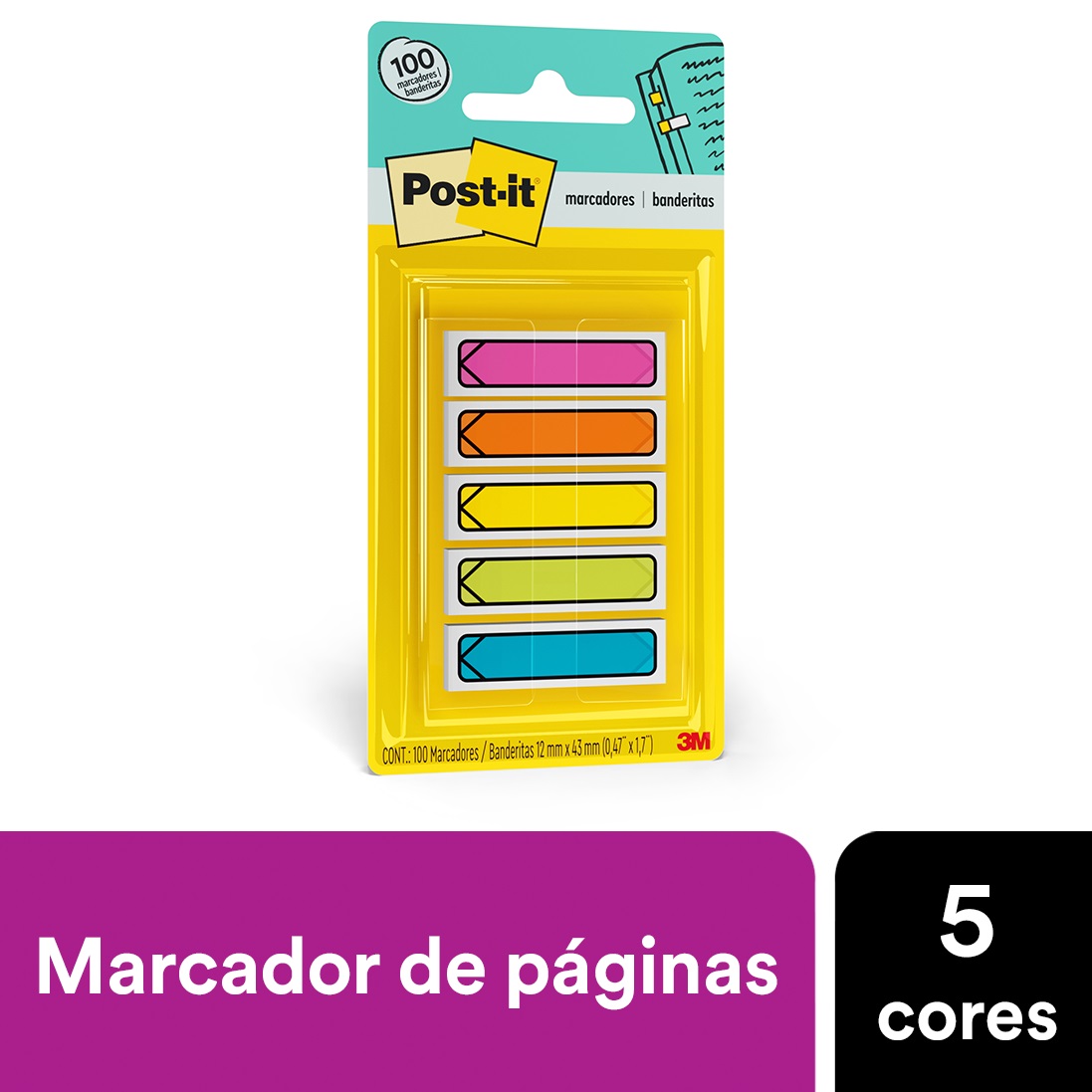 Marcador de Página Adesivo Post-it® Flags Setas 5 Cores Neon 11,9 mm x 43,2 mm - 100 folhas 24020