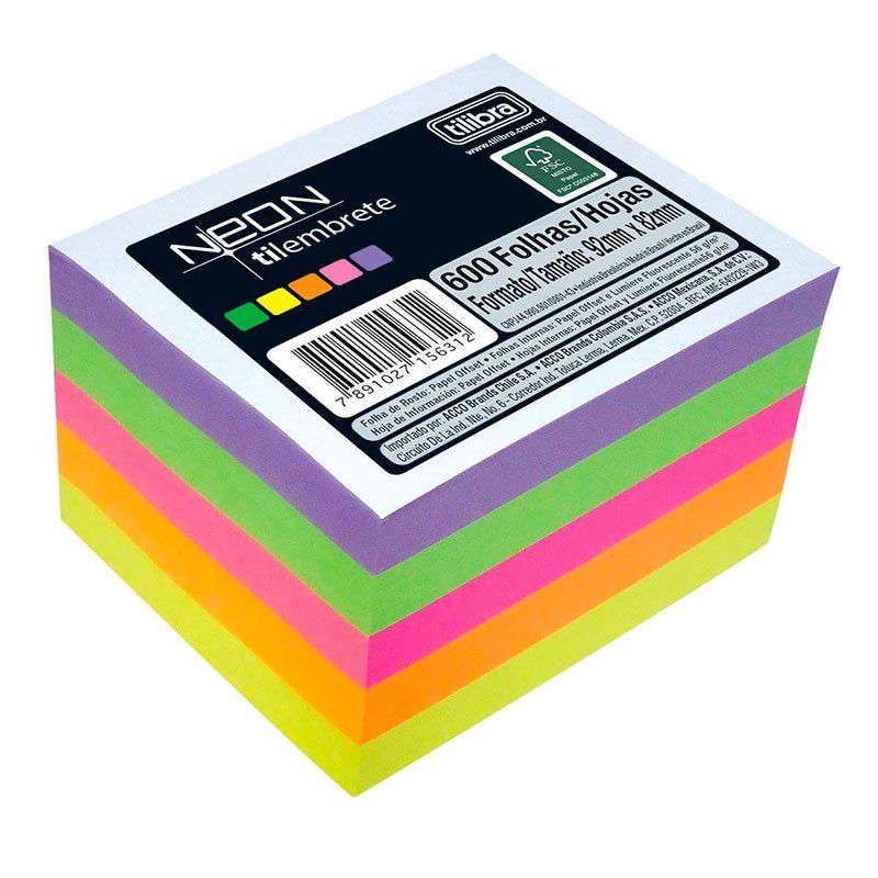 Papel Tilembrete 75G com 600 Folhas Colorida Neon 94X80mm Tilibra 156311 16982