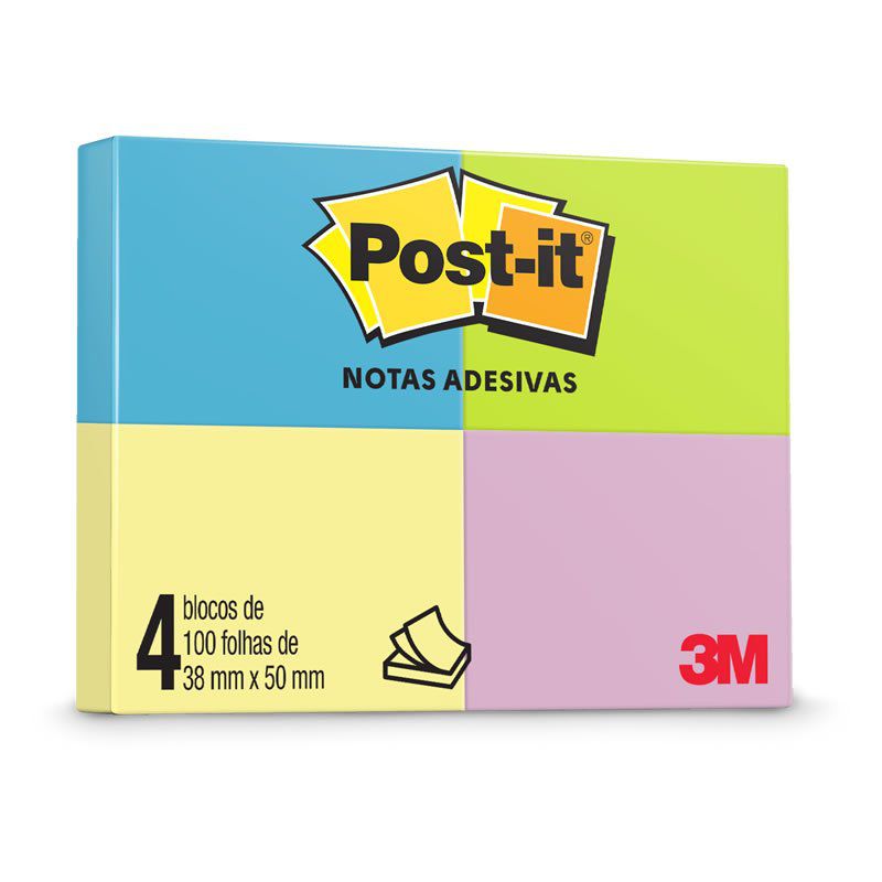 Blocos de Notas Adesivas Post-it® Neon 4 cores - 4 Blocos de 38 mm x 50 mm - 100 folhas cada 05577