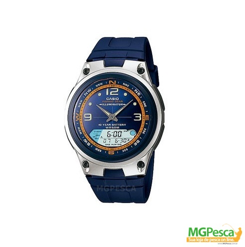 Relógio Casio Fishing Gear - Pesca E Fases Da Lua - Pulseira de borracha fundo azul - AW-82