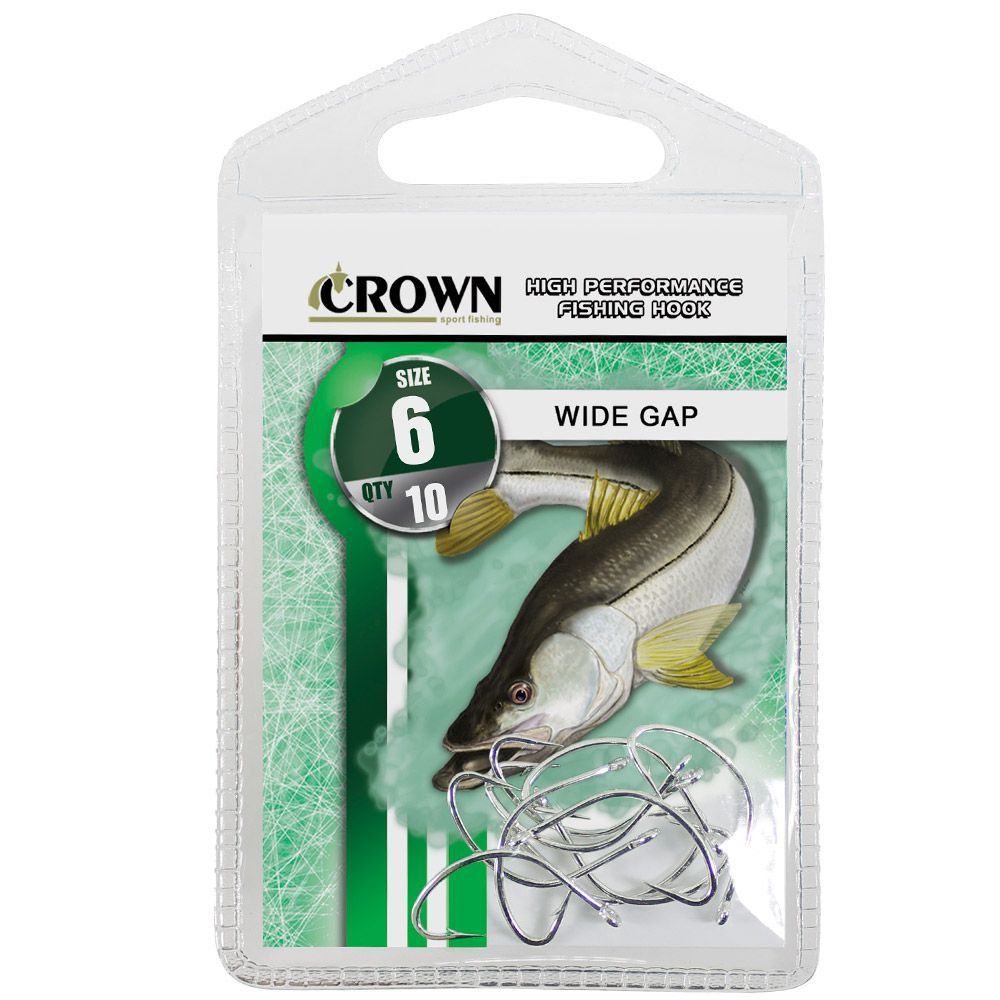 Anzol Crown Wide Gap para Robalo ou Corvina Niquel Prata Número 06 Cartela com 10 Unidades