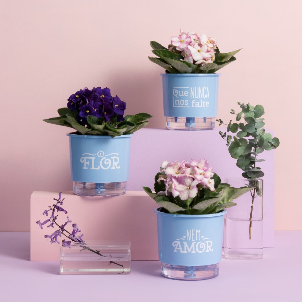 Kit 3 Vasos Autoirrigáveis Pequenos N02 12 cm x 11 cm Flor e Amor Azul Serenity - Foto 1