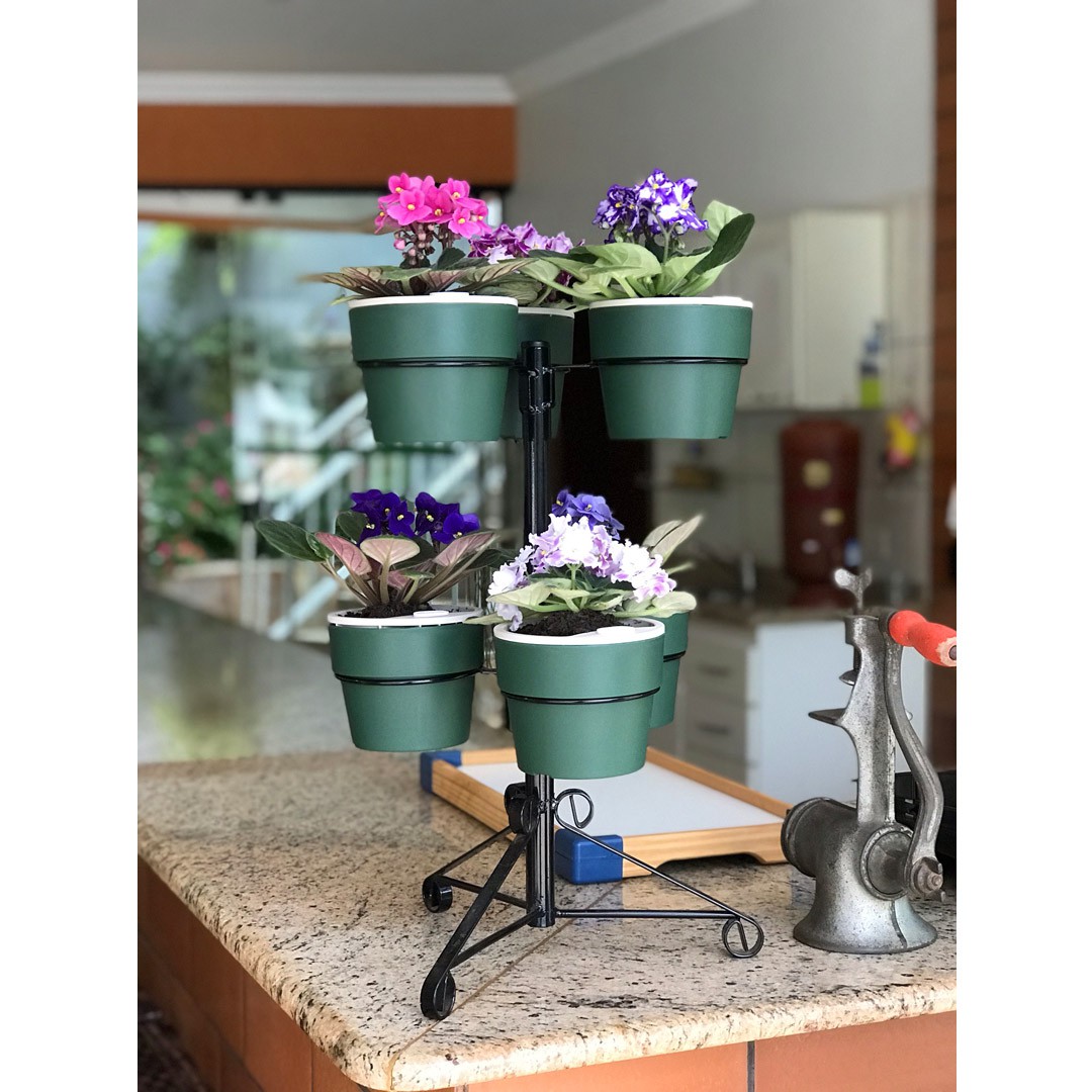 Kit Suporte Preto com 6 Vasos Autoirrigáveis Pequenos Verde Botânico Linha Plantar