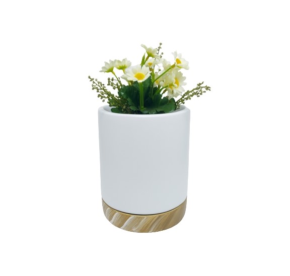 Vaso de Cerâmica Branco com Prato Texturizado Efeito Madeira 17,5cm x 14,4cm - 6107 - Foto 2