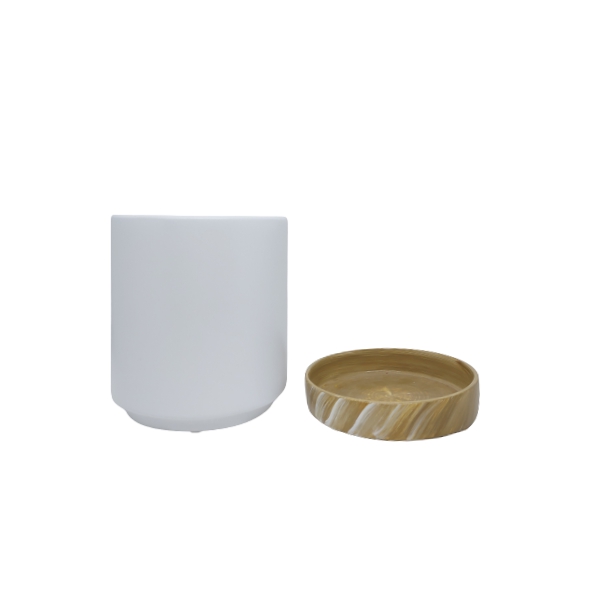 Vaso de Cerâmica Branco com Prato Texturizado Efeito Madeira 17,5cm x 14,4cm - 6107 - Foto 3