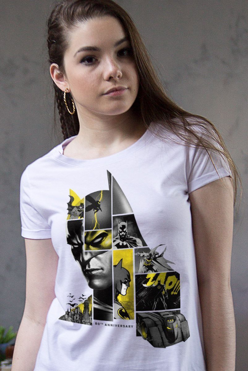 Camiseta Feminina Batman 80 Anos As Faces de Batman
