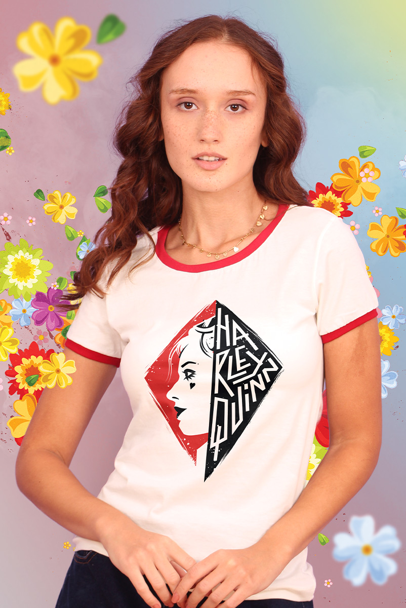 Camiseta Feminina Esquadrão Suicida Arlequina Face