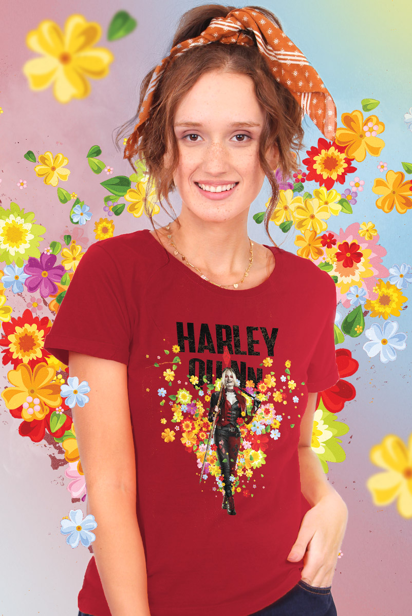 Camiseta Feminina Esquadrão Suicida Arlequina Flowers