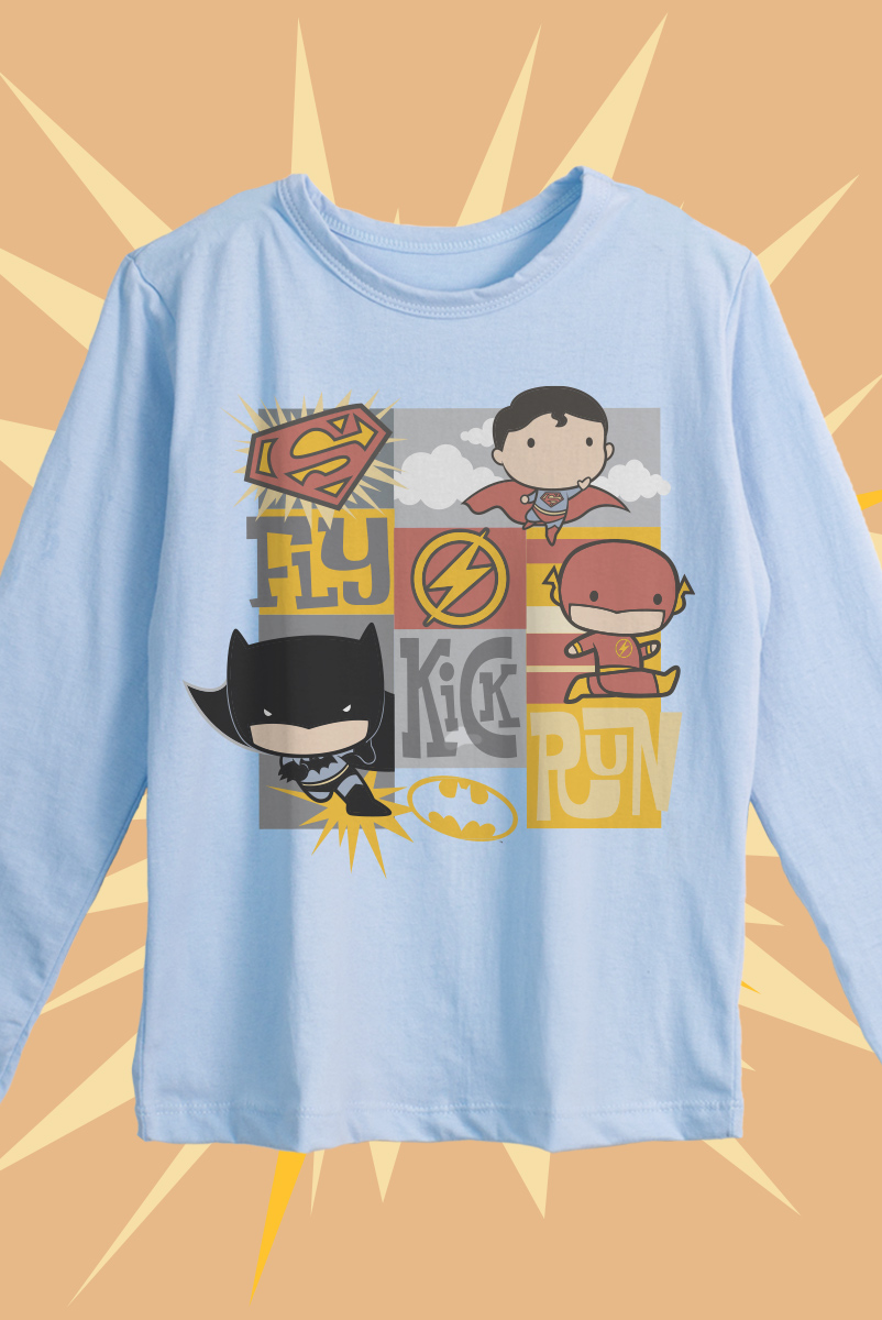 Camiseta Manga Longa Infantil Batman, Superman e The Flash