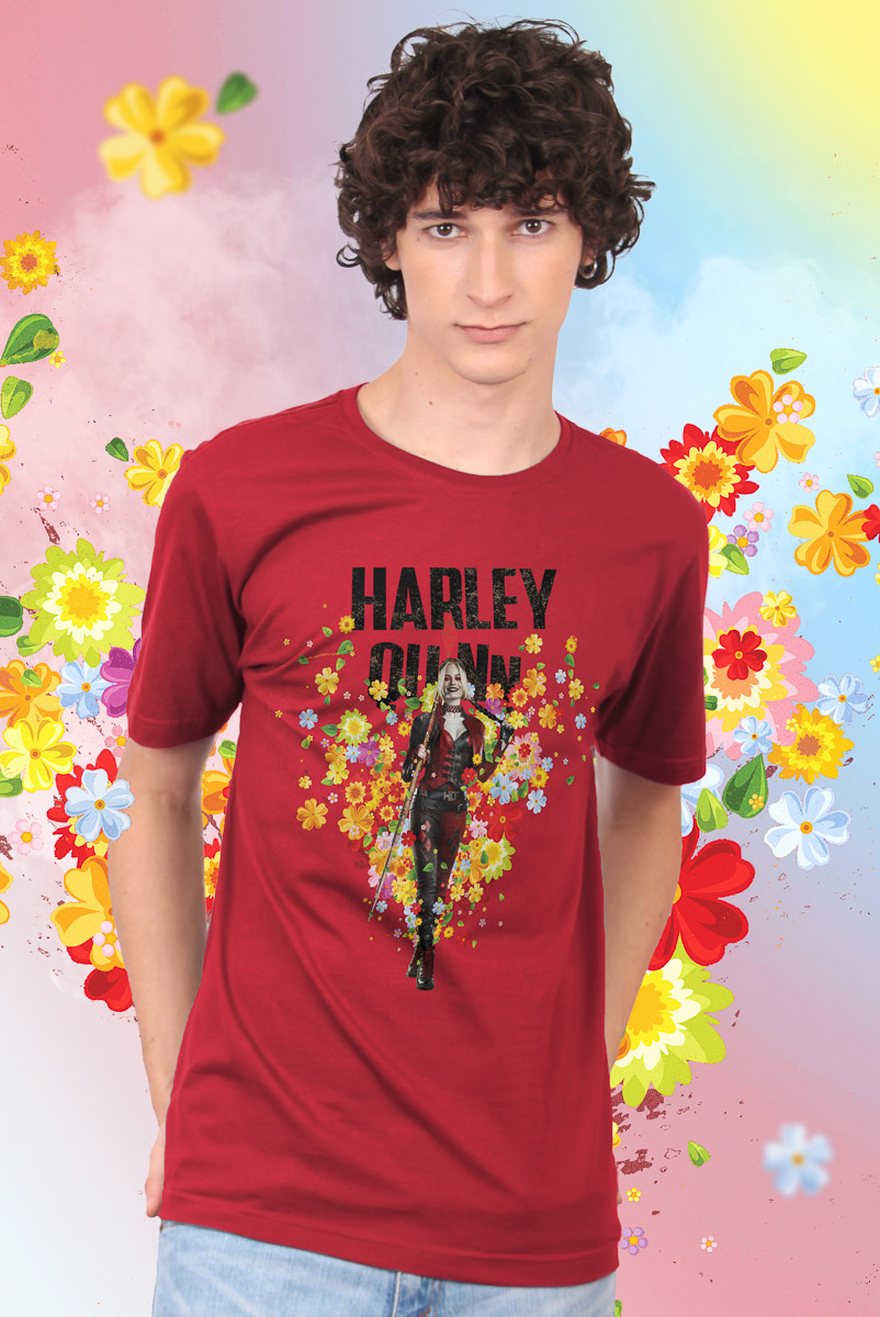 Camiseta Masculina Esquadrão Suicida Arlequina Flowers