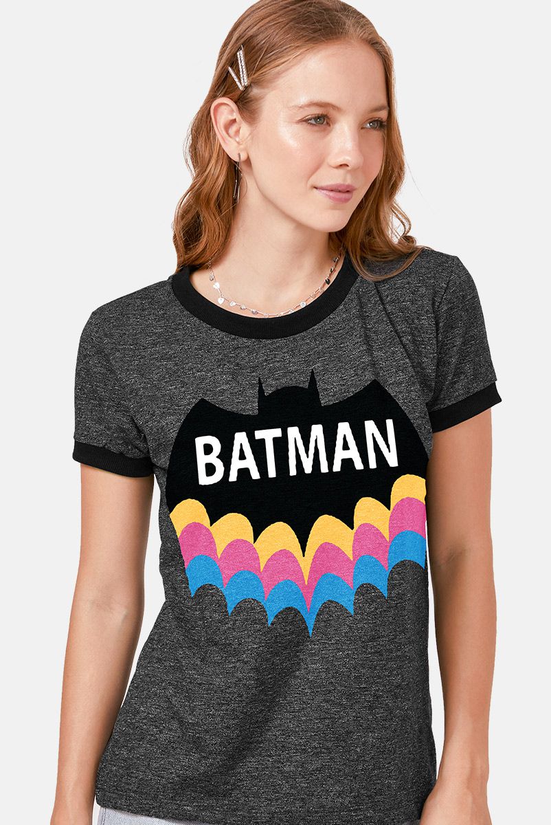 Camiseta Ringer Feminina Batman Rainbow