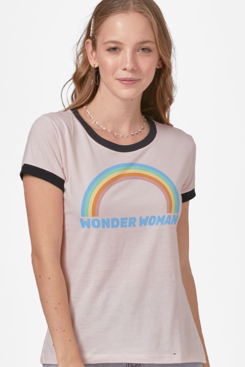 Camiseta Ringer Feminina Mulher Maravilha Rainbow