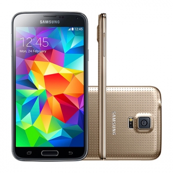 Smartphone Galaxy S5 Android 4.4 Dual Chip Processador Quad Core 2.5 Ghz e Câmera de 16 MP com Flash Dourado LED G900MD