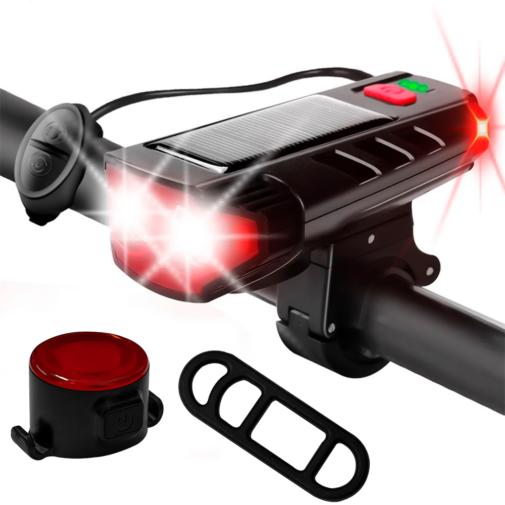 Lanterna Led Bifocal com Buzina carregamento solar ou USB + Led vermelho traseiro CL-329-1