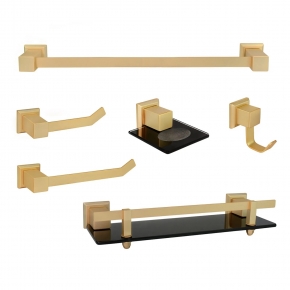 Kit de Acessórios para Banheiro 6 Peças em Aço Inox Ouro Fosco com Vidro Preto Ducon