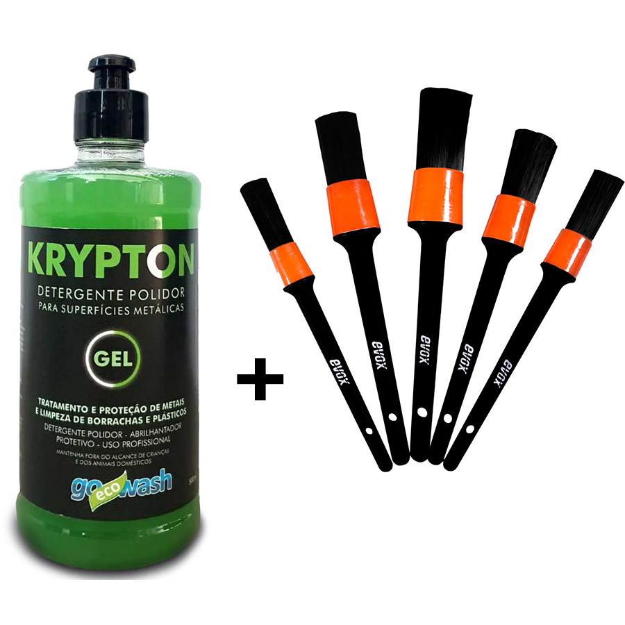 Kit Detergente Polidor de Metais e Plásticos Krypton Gel 500ml + Kit Pinceis Limpeza Externa