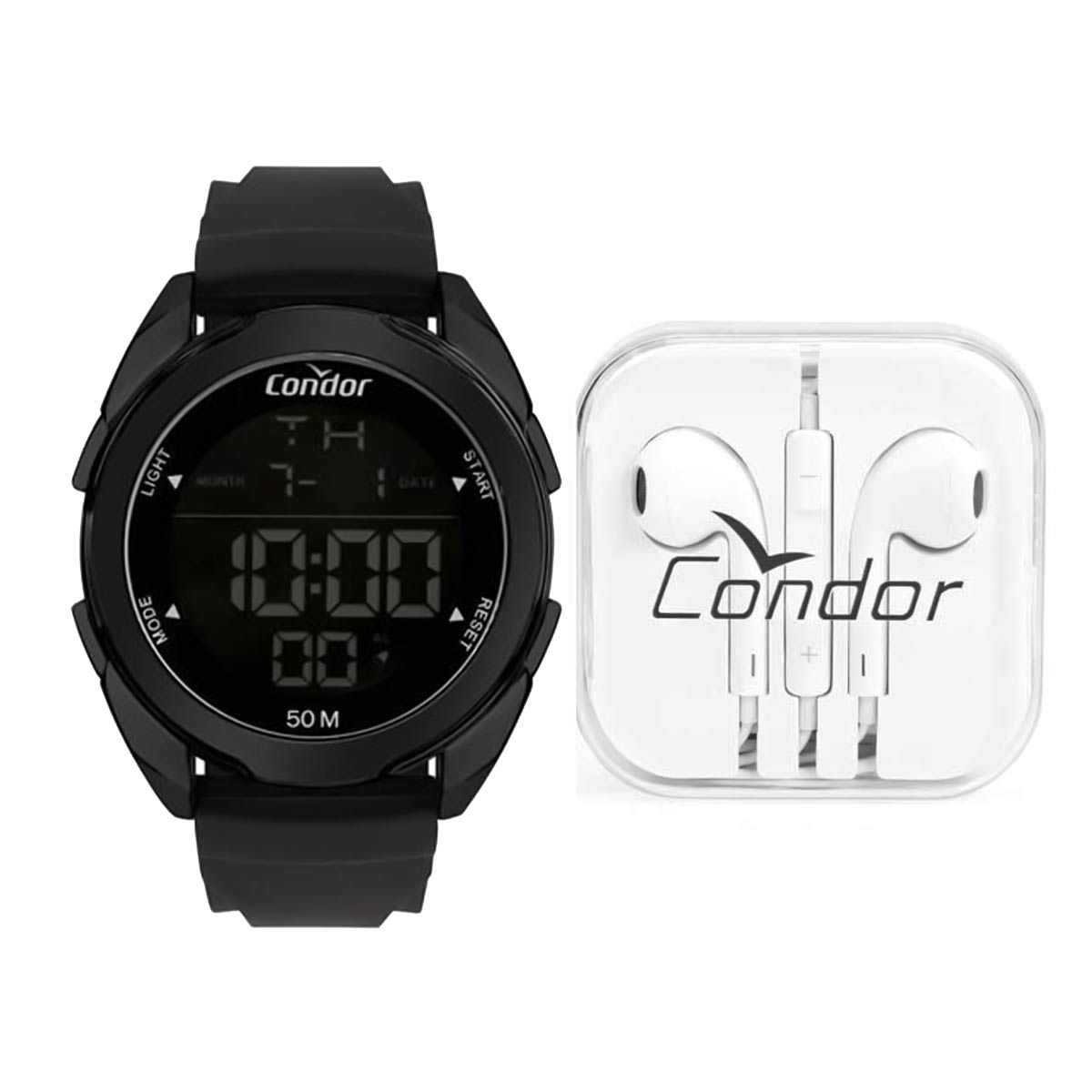 Relógio Condor Monocromático e Pulseira de Silicone preta com Fones de ouvidos