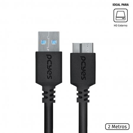 Cabo para HD Externo USB a 3.0 Macho para Micro USB B 3.0 (10 Pinos) Macho 28AWG Puro Cobre 2 Metros - PUAMCM3-2