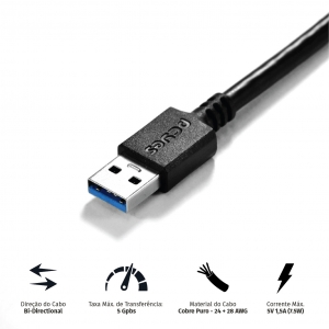 Cabo para HD Externo USB a 3.0 Macho para Micro USB B 3.0 (10 Pinos) MA0CHO 28AWG Puro Cobre 3 Metro