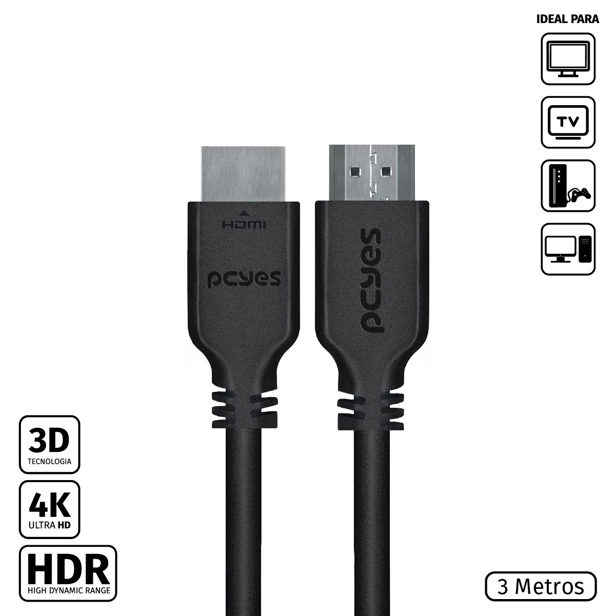 Cabo HDMI 2.0 4K 30AWG Cobre Puro 3 Metros - PHM20-3
