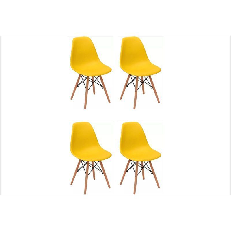 Kit 04 Cadeiras Eiffel Charles Eames em ABS Amarela com Base de Madeira DSW