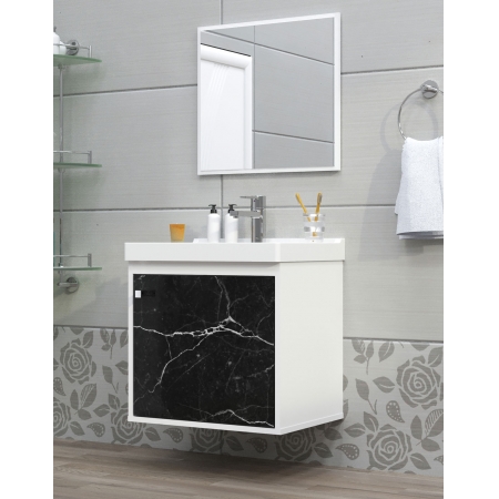 Gabinete Suspenso 1 Porta com Espelheira para Banheiro com Lavatório Canis Branco com Marmorizado Preto - Cerocha