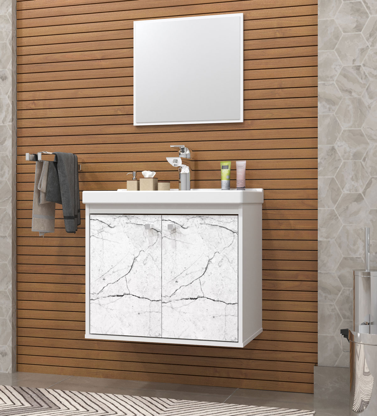 Gabinete Suspenso com Espelheira para Banheiro com Lavatório Aster Branco com Marmorizado Branco - Cerocha