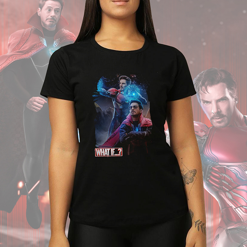 Camiseta Unissex Feminina E Se...? Homem De Ferro Doutor Estranho Iron Man Doctor Strange What If...? Marvel Studios (Preta)  - CD