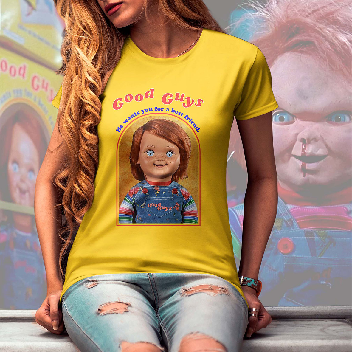 Camiseta Unissex Feminina Good Guys Chucky Brinquedo Assassino Boneco Child's Play (Amarela)  Camisa Geek - CD
