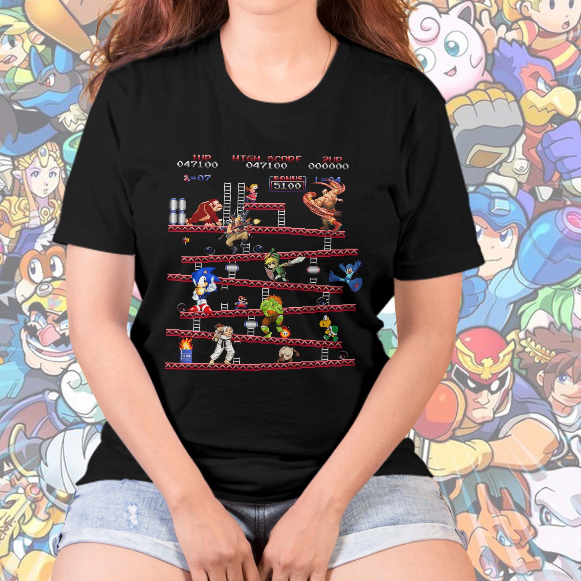 Camiseta Unissex Feminina Jogos Clássicos Nintendo Vídeo Game Arcade Donkey Kong Sonic (Preta)  Camisa Geek - CD
