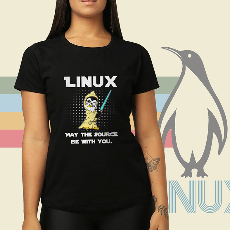 Camiseta Feminina Unissex Linux Que A Fonte Esteja Com Você May The Source Be With You (Preta) - EV