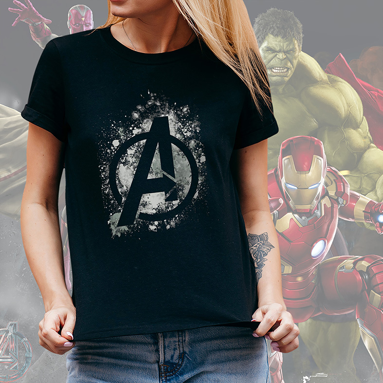 Camiseta Unissex Feminina Logo Avengers Ink Os Vingadores Tinta Marvel (Preta)  - CD