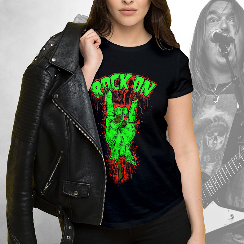 Camiseta Feminina Unissex Rock On And Roll Mão Hand Metal Music Skull (Preta) - EV