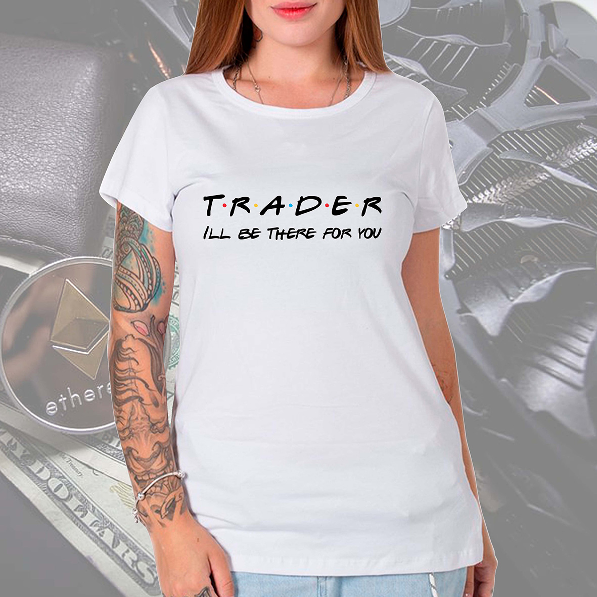 Camiseta Unissex Feminina Trader Friends Investidor Financeiro Compra Venda Bitcoin Shiba Doge Etherium (Branca)  - CD