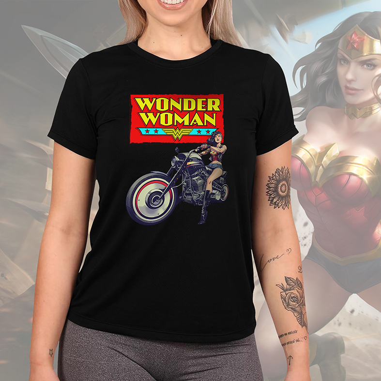 Camiseta Feminina Unissex Wonder Woman Motorcycle Mulher Maravilha Motocicleta (Preta) - EV