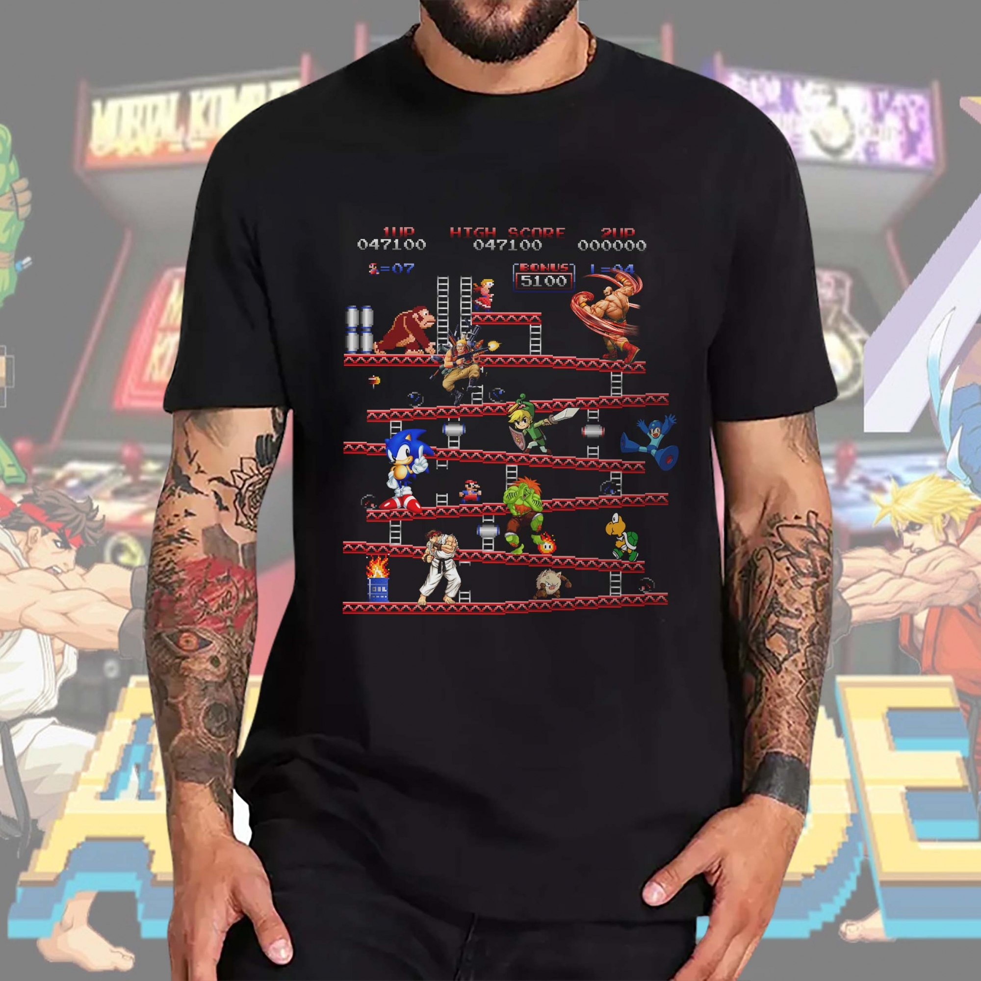 Camiseta Unissex Masculina Jogos Clássicos Nintendo Vídeo Game Arcade Donkey Kong Sonic (Preta)  Camisa Geek - CD