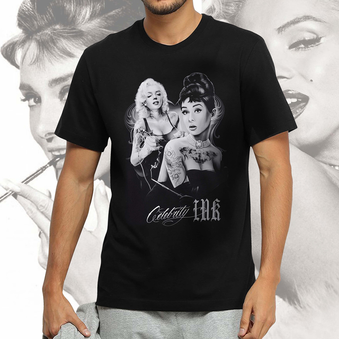 Camiseta Unissex Masculina Marilyn Monroe Audrey Hepburn Celebridades Tattoo Tinta (Preta)  - CD