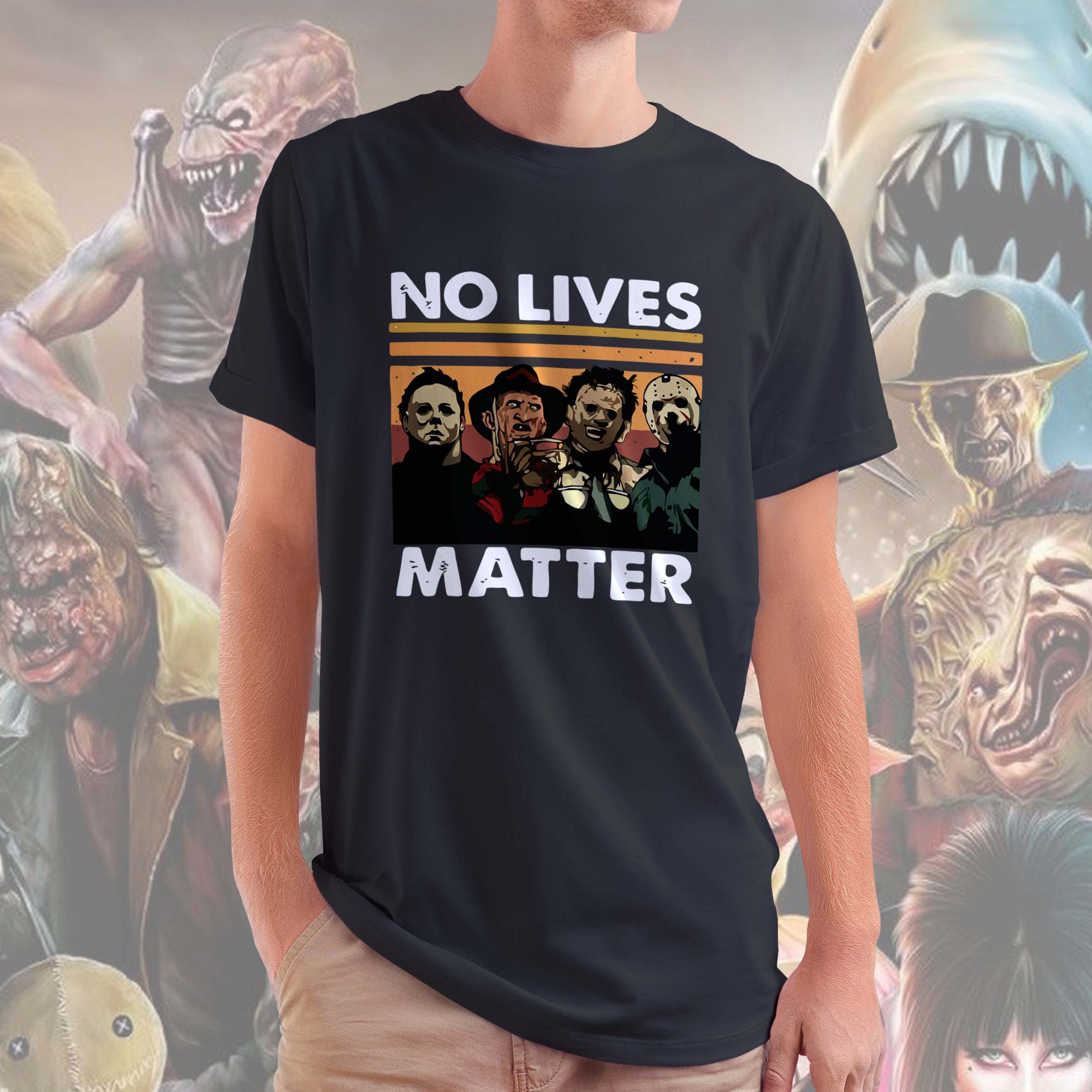 Camiseta Unissex Masculina No Lives Matter Horror Michael Myers Freddy Krueger Leatherface Jason Halloween (Cinza Chumbo)  - CD