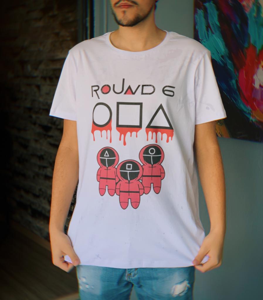 Camiseta Masculina Unissex Round 6 Squid Game Símbolos Jogadores Bola Quadrado Retângulo (Branca)