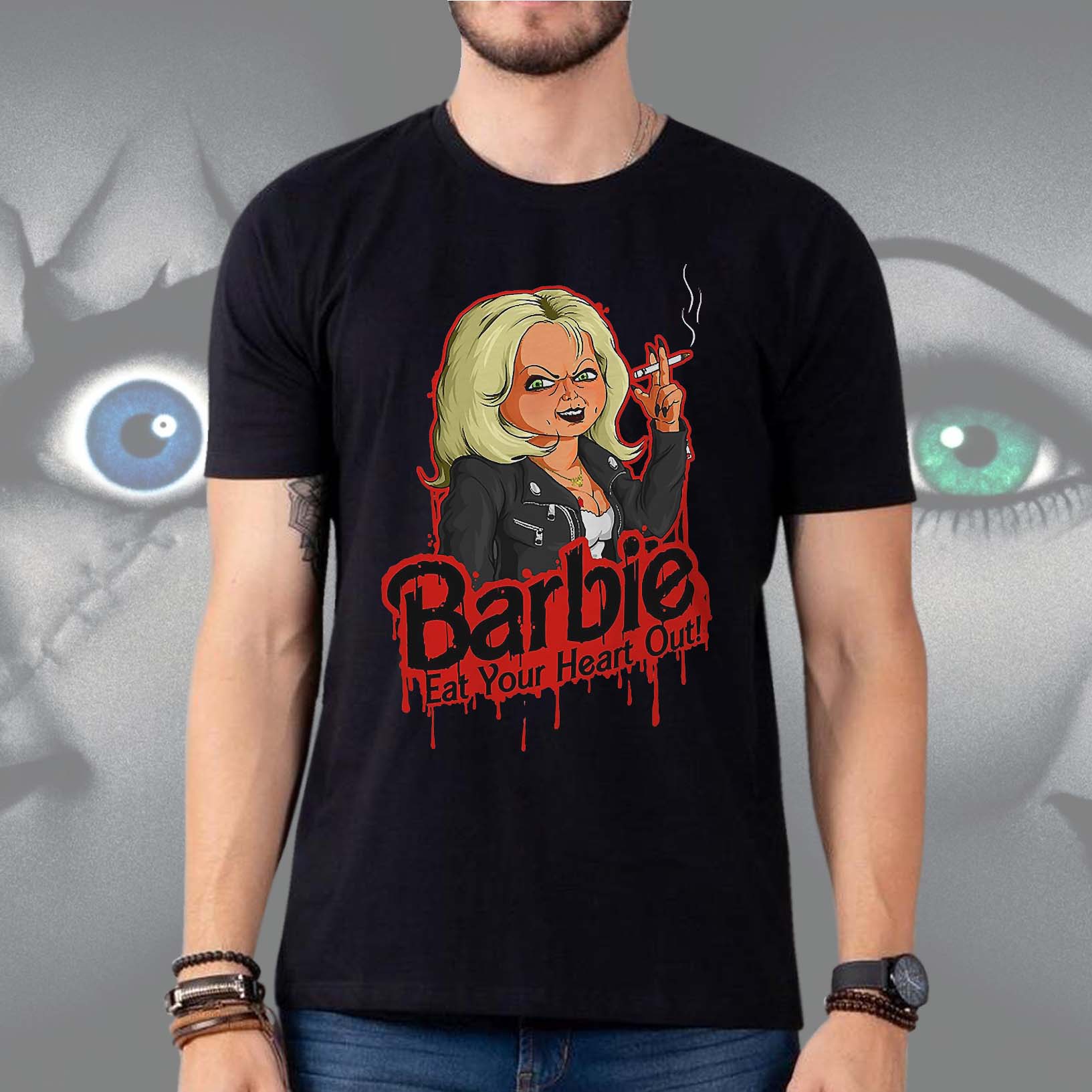 Camiseta Unissex Barbie Come Seu Coração Eat Your Heart Out Tiffany Chucky Brinquedo Assassino (Preta) - CD