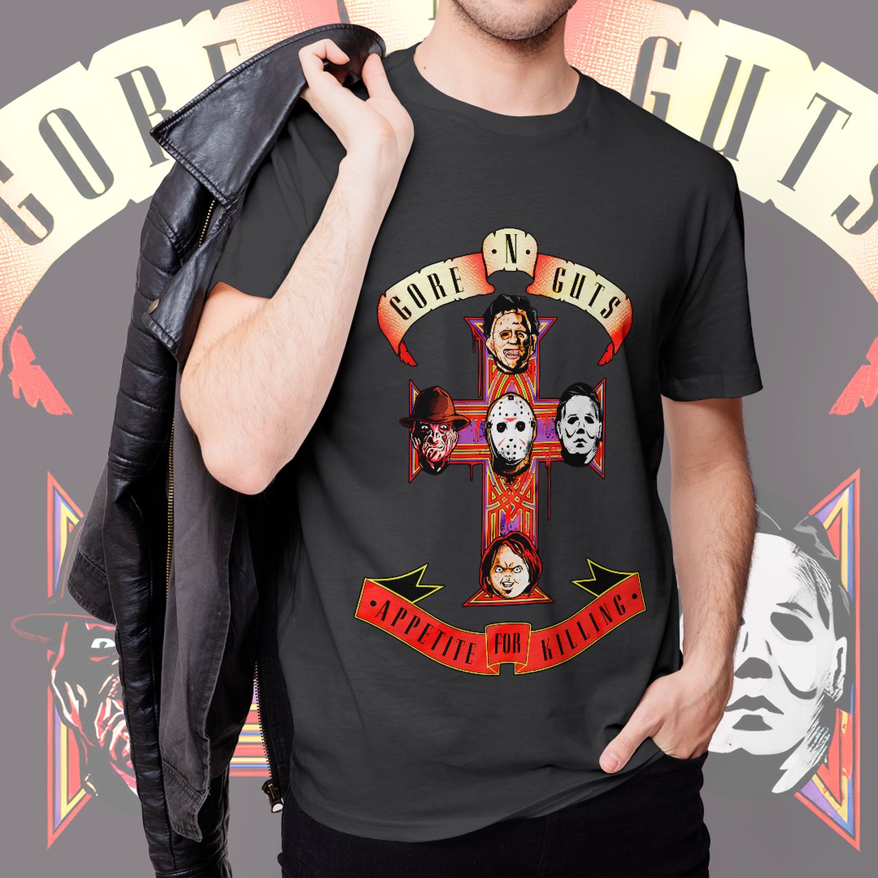 Camiseta Unissex Guns N' Guts - Appetite for Killing Guns N' Roses Paródia Jason Michael Myers Chucky(Cinza Chumbo) Camisa Geek - CD